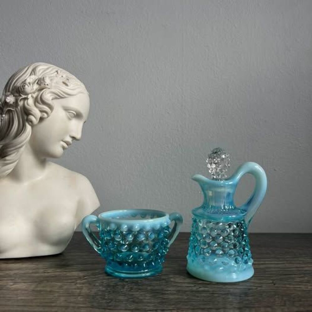 Vintage Blue Hobnail Glass Bowl and Mini Pitcher with Stopper